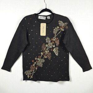 Vintage Celina Yang Petite Embellished Sweater Brown‎ Beaded Sequin Fall Theme